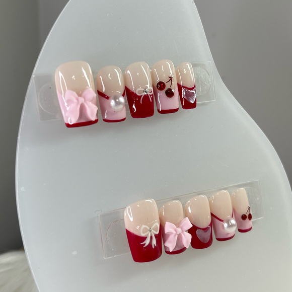 Handmade Press on Square Pink Red French Nail set - Picture 3 of 6